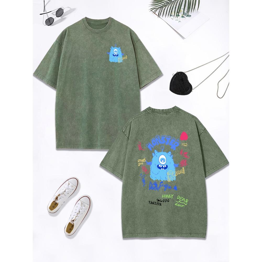 Cute Blue Plush Little Monster Cotton Washed T-Shirt Women Oversize Tops O-Neck Comfortable Distressed T Shirts Clothes
