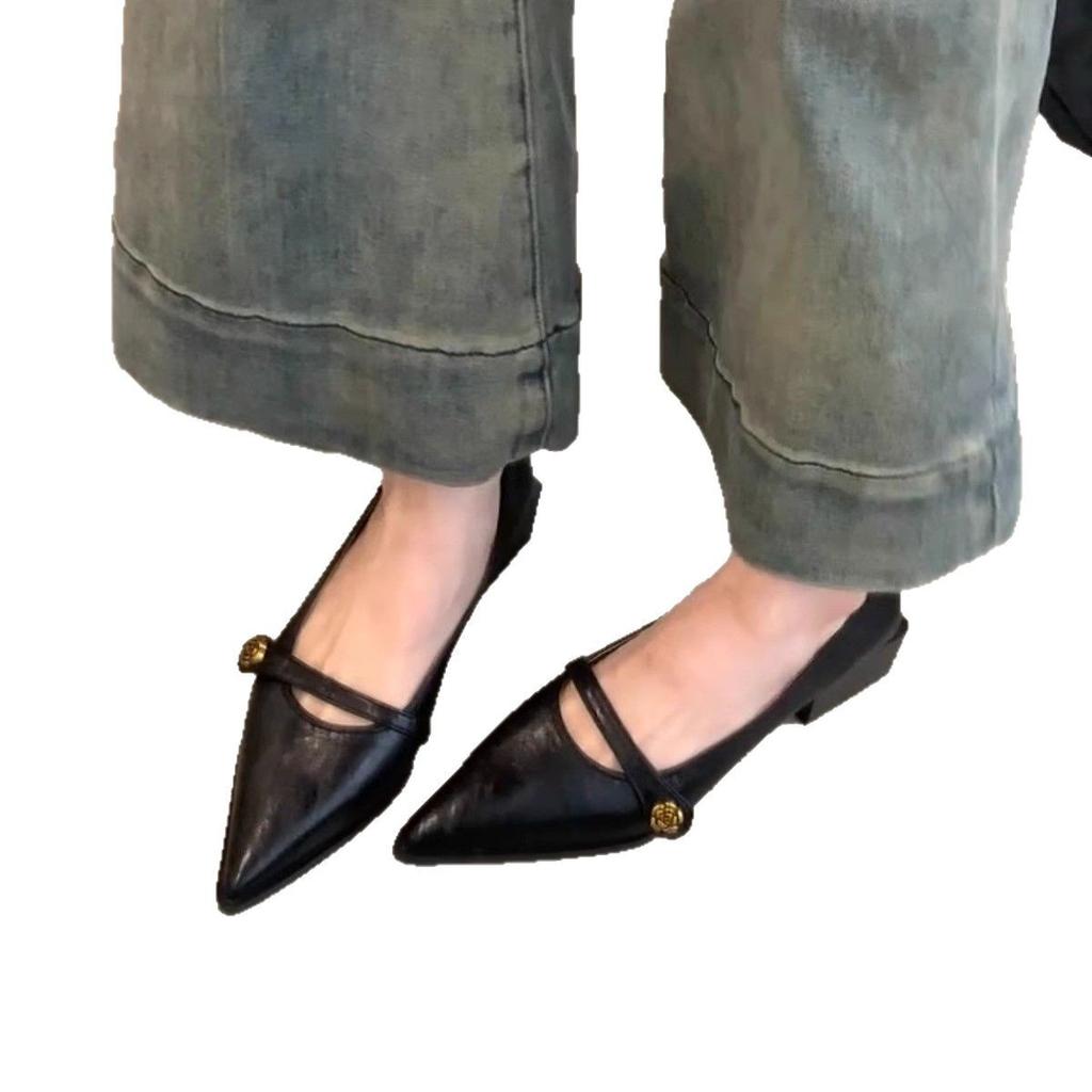 French retro camellia thick heel single shoes women's 2025 spring new pointed versatile temperament shallow mouth Mary Jane shoes
