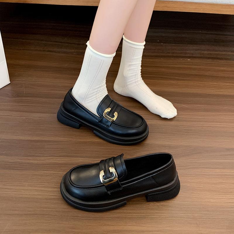 Små svarta läderskor dam vår ny grund mun dam brittiska plattbottnade pendlarskor