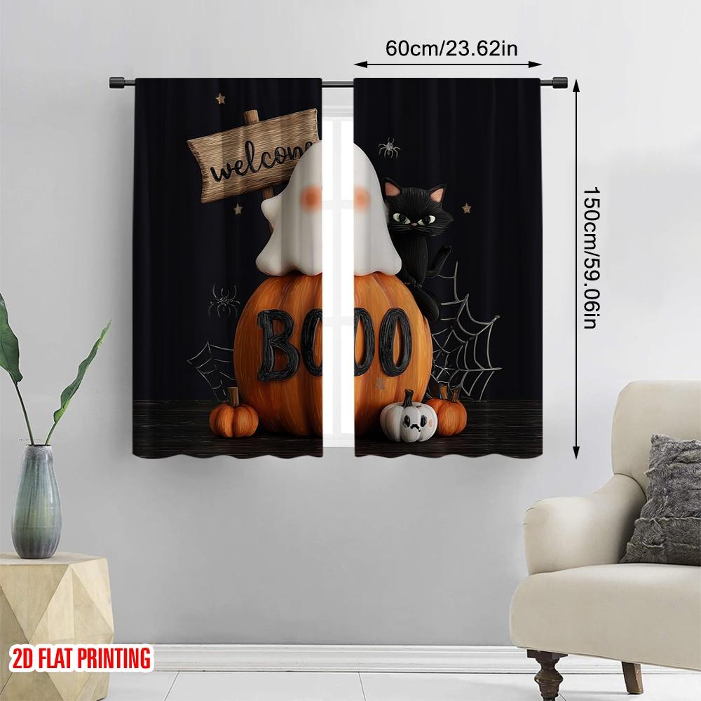 2pcs,2D Plane Printing Popular Curtains Black Cat_ Bats & Pumpkins Versatile Polyester (without Rod) Festive Perfect for Living