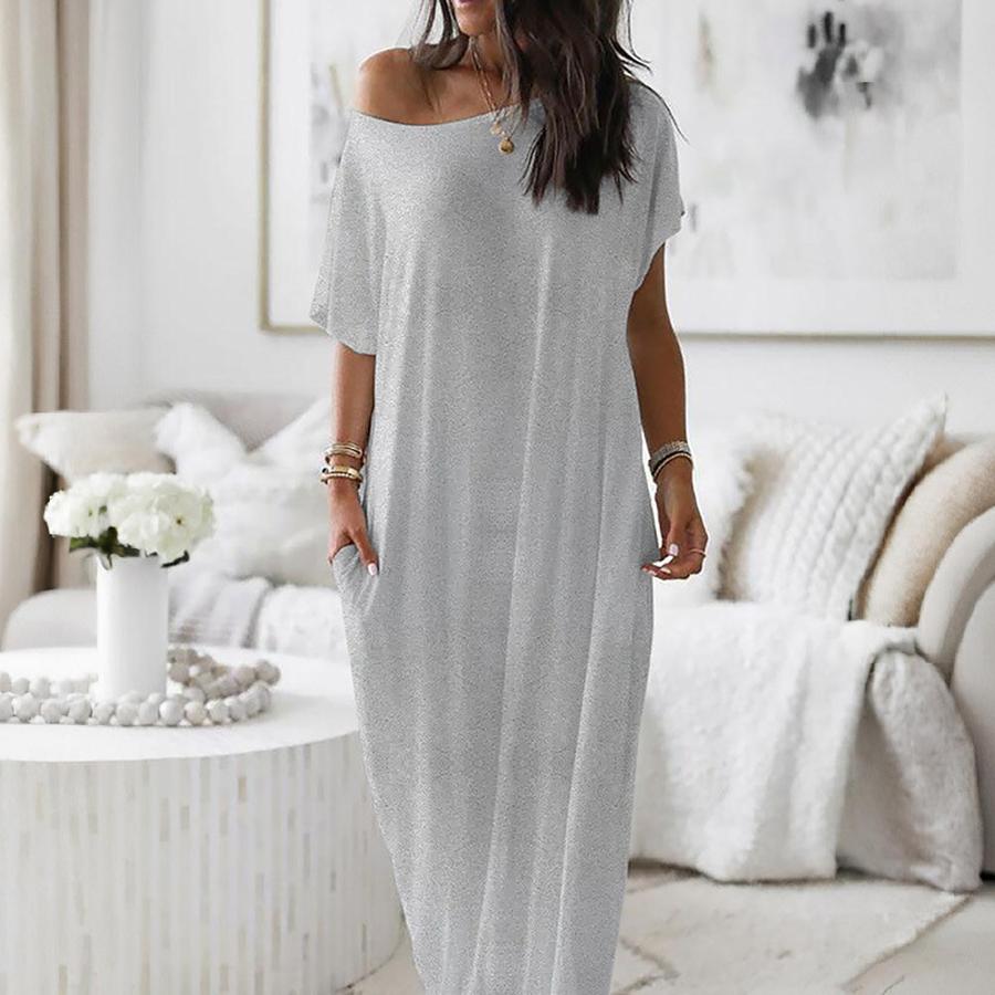 Sommer Neues Damen Einfarbiges Kurzarm Langes Lässiges Kleid