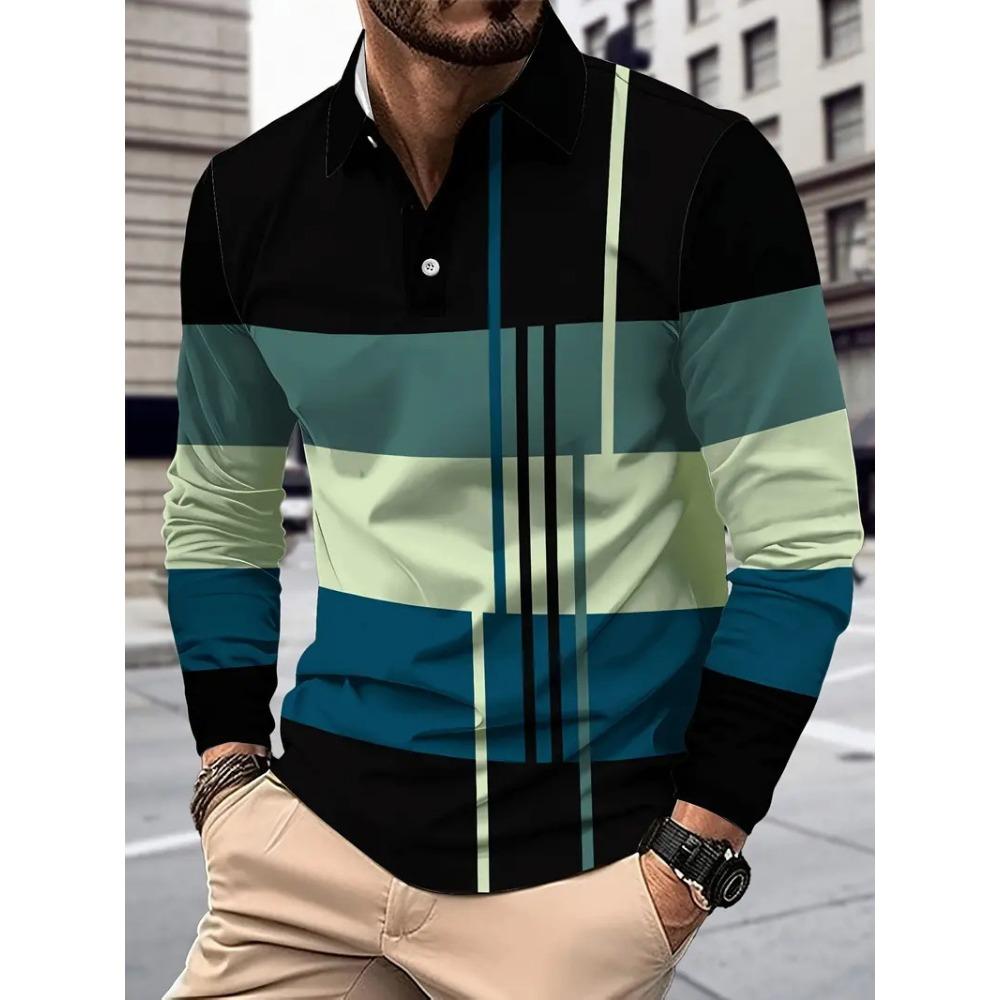 Fashion Men's Sweatshirt Long Sleeve Lapel Top Button Down Striped Polo Shirt