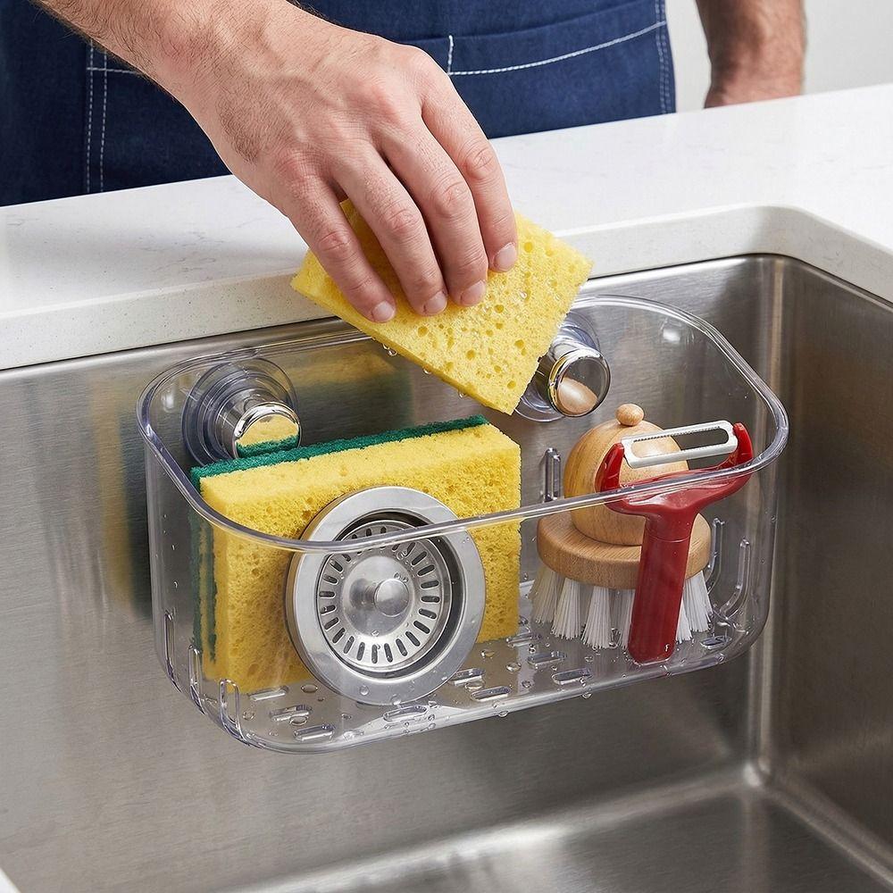 Hollowed Suction Cup Sponge Holder Detachable Kitchen Sink Organizer  Cleaning Supplies Storage