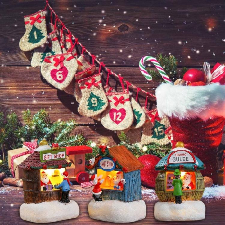 LED Light Up Christmas Ornament Resin House Shape Figurine Desktop Decoration Miniature Cottage Statue for Office