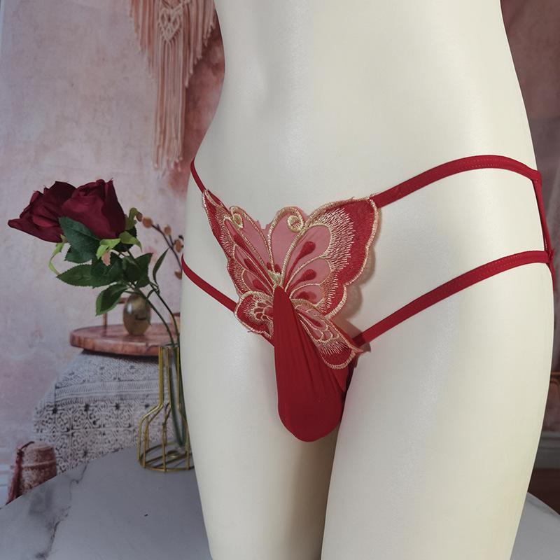 Large Size Sissy Pouch Panties Men Bullet Separation Brief Butterfly Embroidery Transparent Underwear Couple Tranparent Lingerie