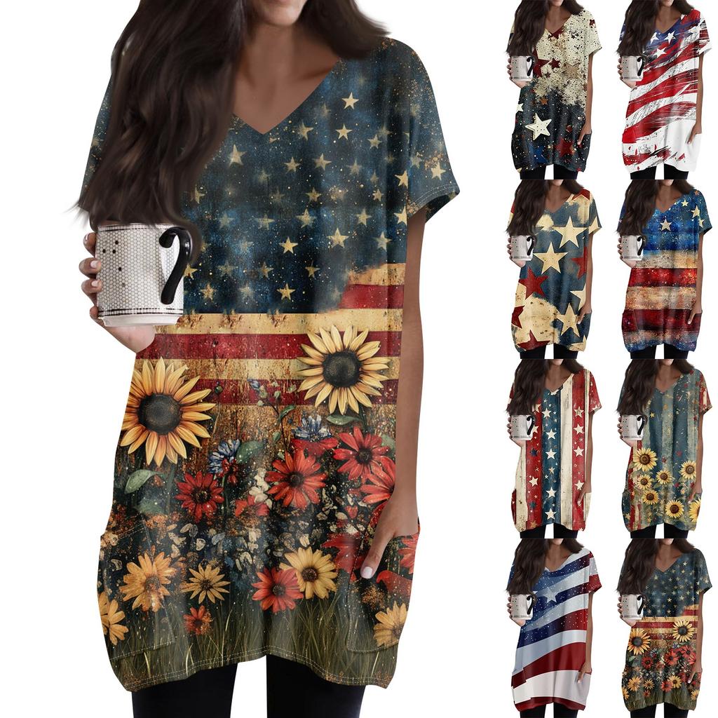 Womens Tops V-neck Short Sleeve Blouses Casual Mid-length Shirts Fashion Independence Day Print Tunic Tops With Pockets