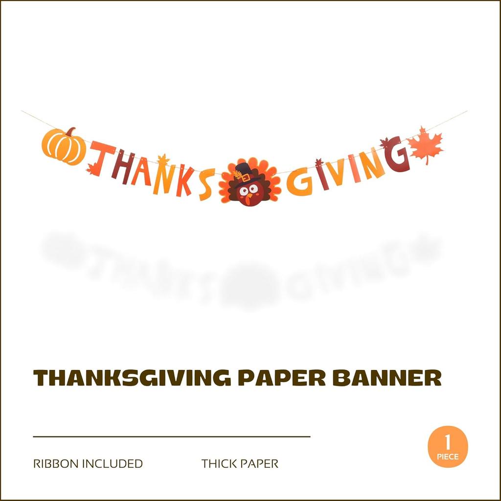 Thanksgiving Banner Garland – Paper “Happy Thanksgiving” Decoration with Turkey & Fall Leaves, Autumn Party Supplies for Family Dinner, Harvest