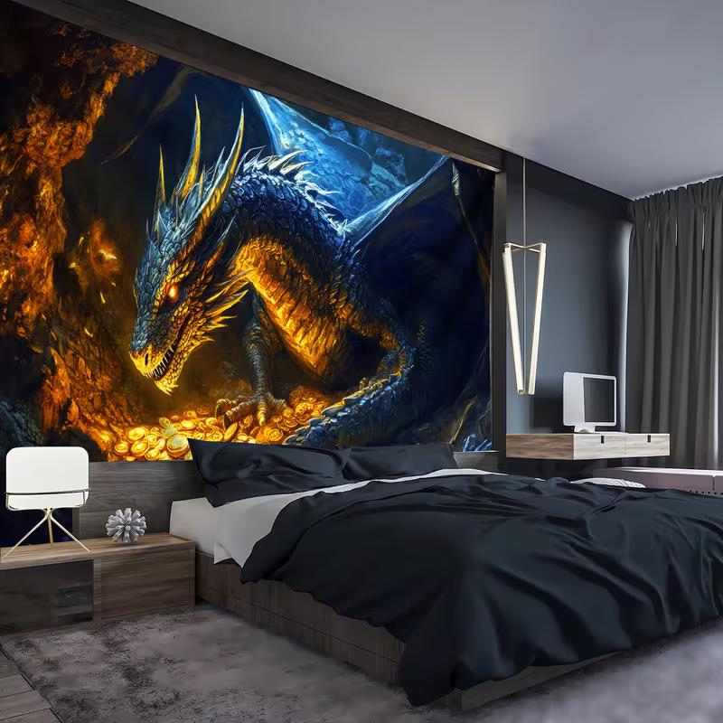 

2D Dark Fantasy Dragon Tapestry Dragon in Treasure Cave Wall Hanging 47.2x31.5inch/120*80cm