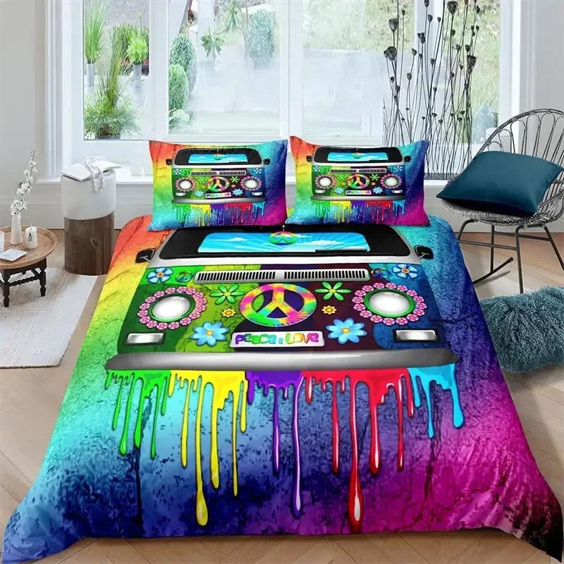 3D Hippie Peace Symbol Colorful Pattern Chic Exotic Flower Comfortable Duvet Cover Pillowcase Bedding Set Children Home Textile