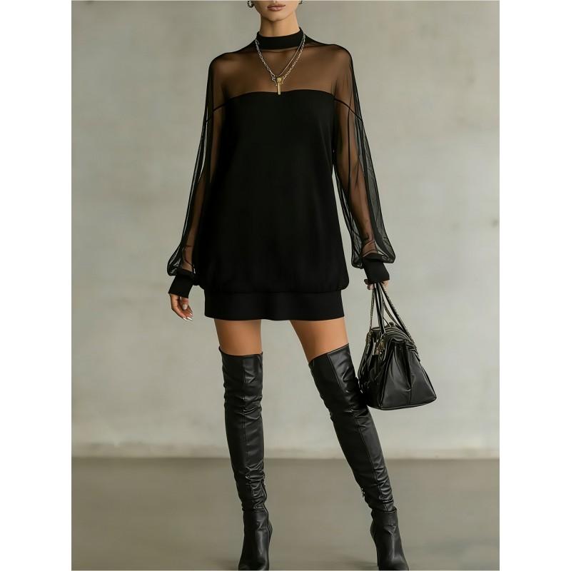 Semi-sheer Mesh Mini Dress Long Sleeve Loose Fit Casual Women