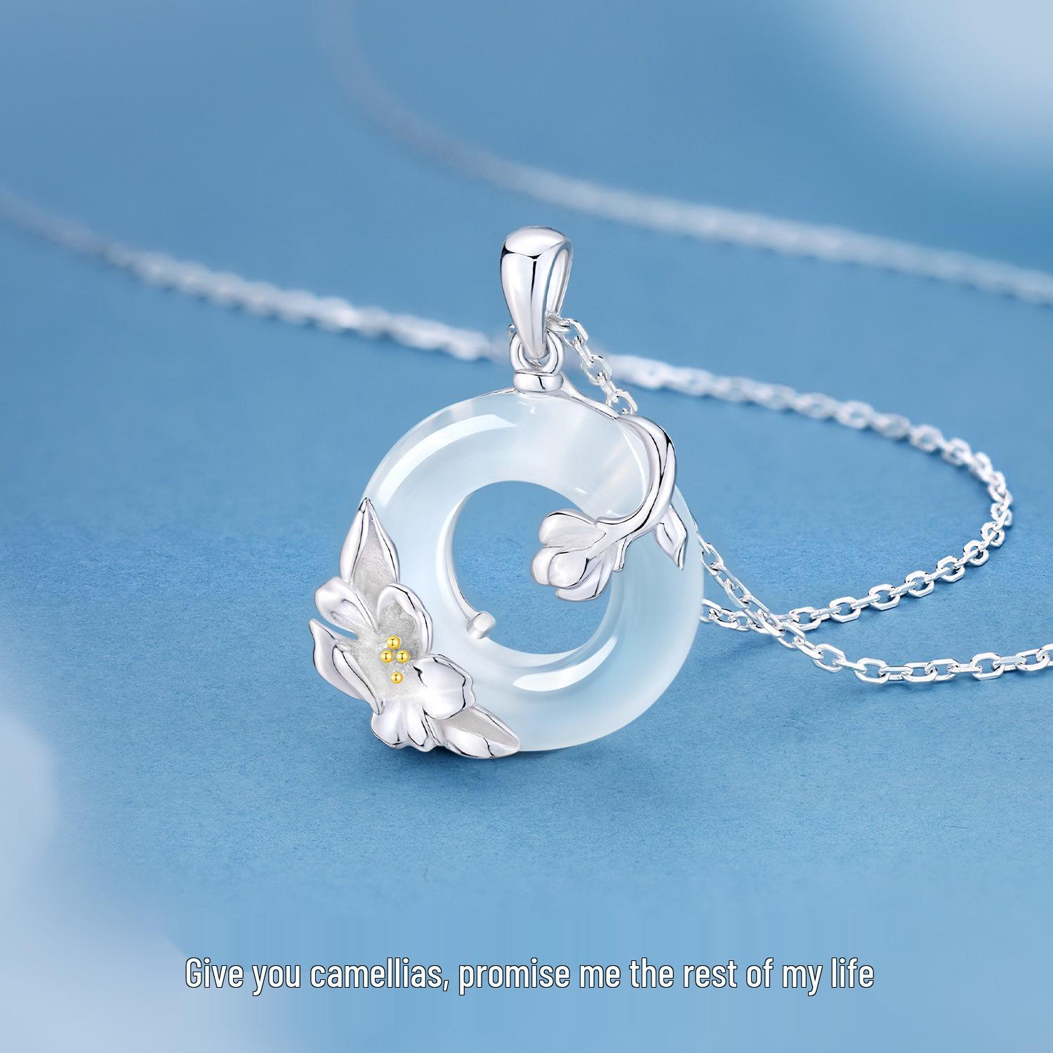 Camellia Ping an Kou Ancient-Style Agate Pendant Necklace - Luxury Women s Clavicle Chain, Perfect High-End Gift