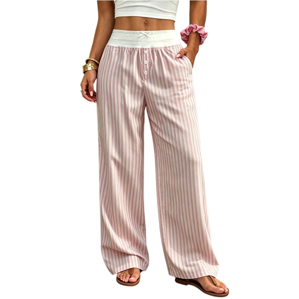 Ladies' Fashionable Casual Striped Wide Leg Pants