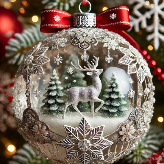 Elegant 2D Fairy Tale Planet Christmas Ornament with Snow Globe and Reindeer Motif