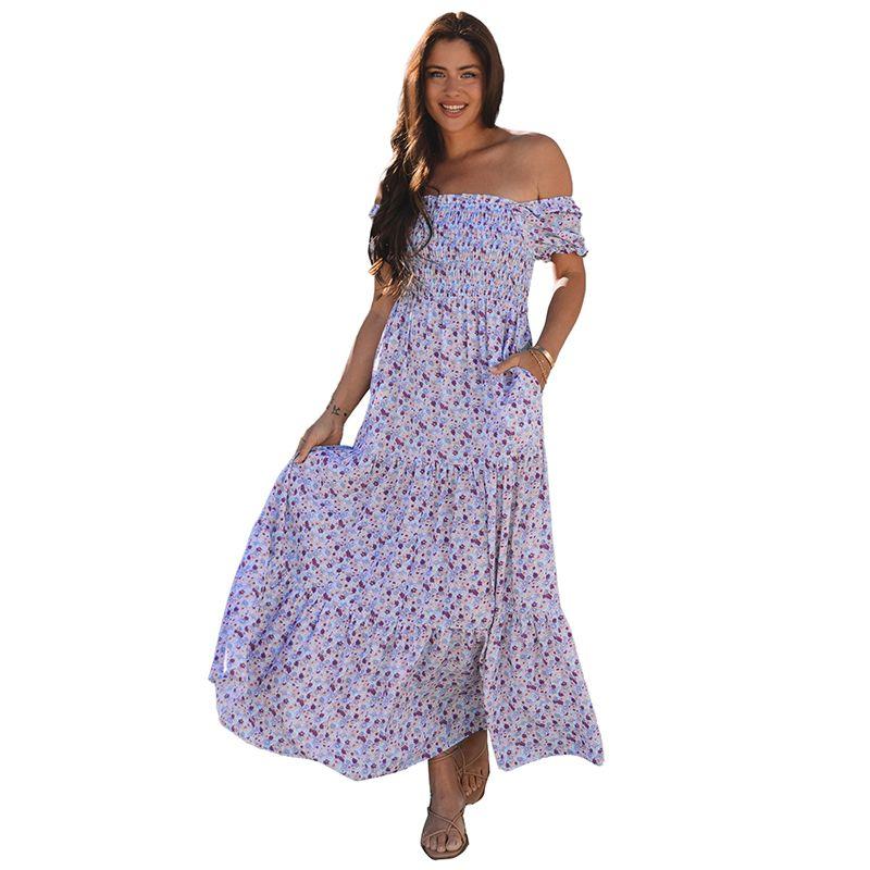 

American Shiying Florals Print Short Sleeve Dress Women 2025 Summer New Holiday High Waist Long Dress Women Purple XL code fits (70.00 kg-75.00 kg