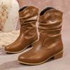 Plissierte Cowboy-Stiefel Damen Western-Stil Mid-Calf-Stiefel Frau Herbst Winter Übergröße Mode Chunky Hees Botas Größe 36-43