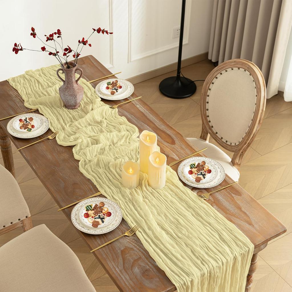 Baccessor 2 Pack Beige Cheesecloth Table Runner 35x120 Inch, 10ft Ivory Gauze Table Runner, Boho Rustic Sheer Cheese Cloths Runner for Wedding Baby