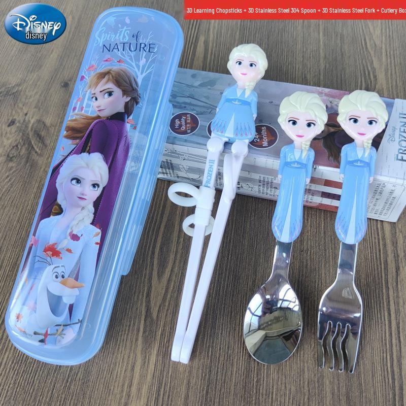 Disney 3D Cartoon Children's Stainless Steel Cutlery Set: Fork, Spoon, and Training Chopsticks