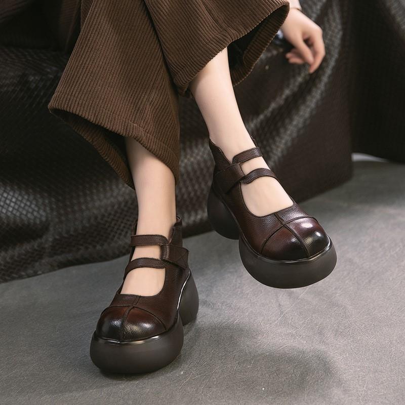 Johnature Skórzane Retro Czółenka na Grubej Platformie z Obcasem Okrągły Nosek Zapięcie na Rzepy Damskie Buty Platformowe