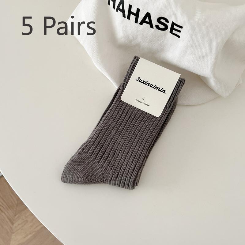 5 Pairs of Women's Spring and Autumn Versatile Slimming Vertical Striped Mid Top Stack Socks