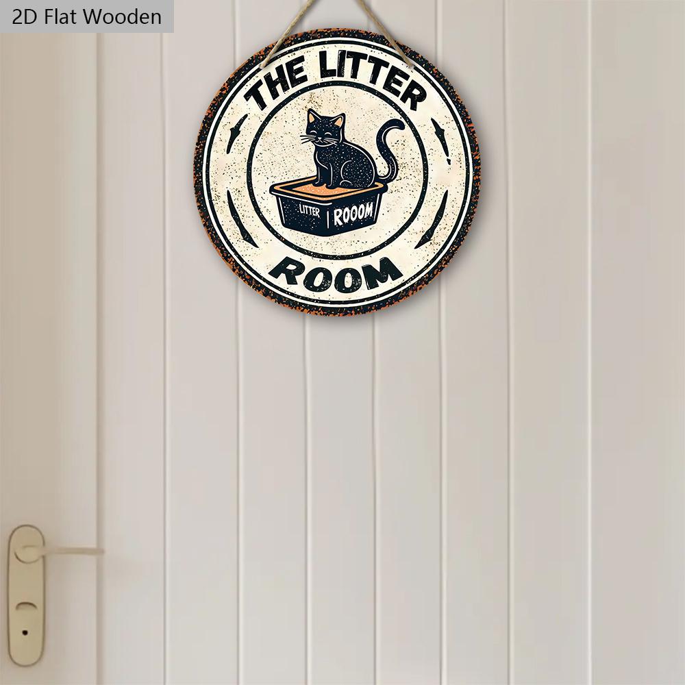 Rustic Wooden Sign with Cute Black Cat Pattern - The Litte Room Round Sign for Pet's Door Hanging Decor - Ideal Home Decoration