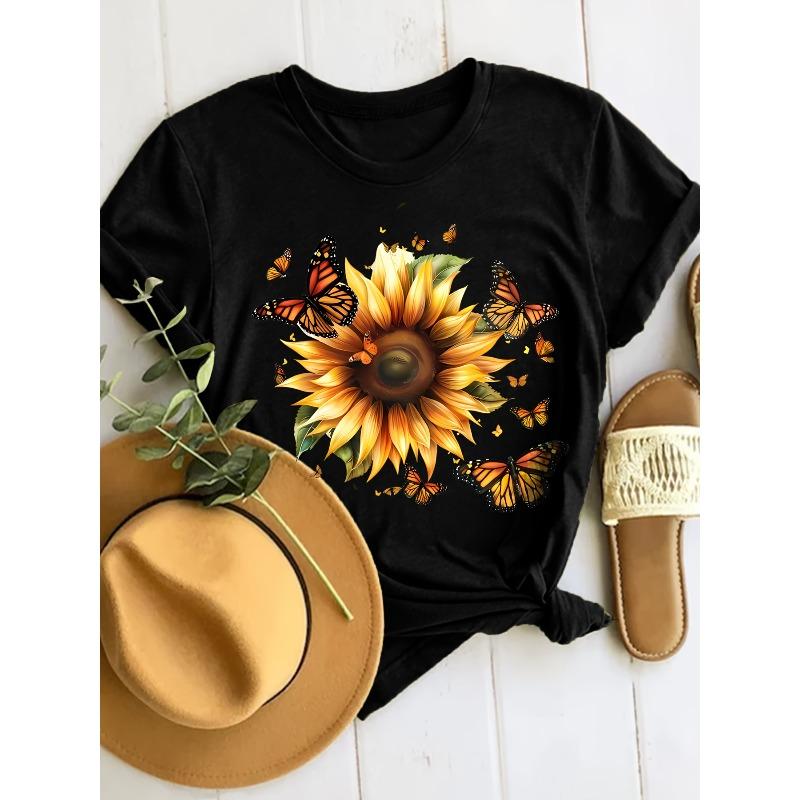 

Womens Vibrant Sunflower Butterfly Graphic T Shirt Short Sleeve Crew Neck Orange Yellow Detailed Design Glossy Fabric Playful All Season 4XL чорний