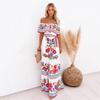Independent Station New European, American Spring and Summer One-word Shoulder Safflower Printing Long Pendulum Dress Women