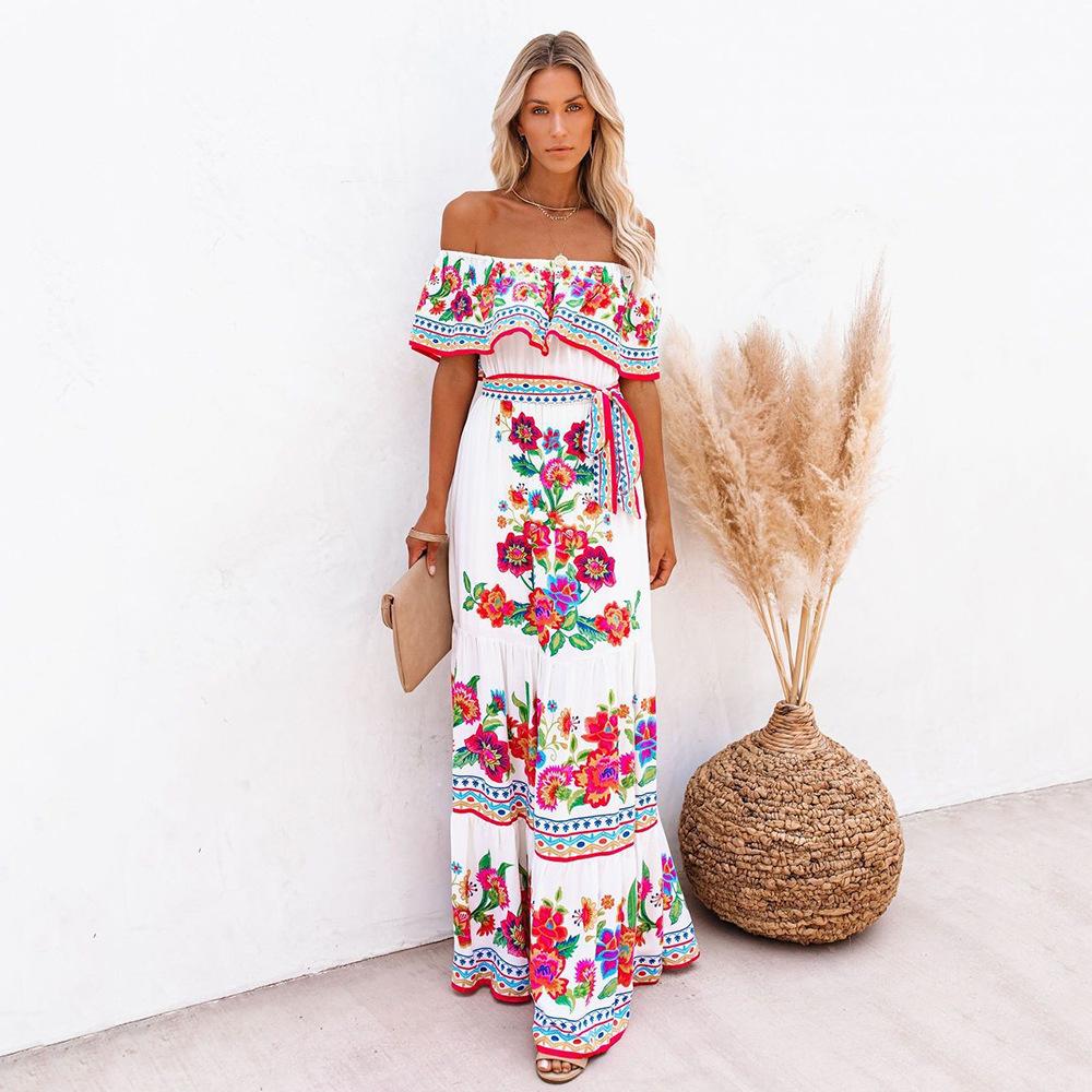 Independent Station New European, American Spring and Summer One-word Shoulder Safflower Printing Long Pendulum Dress Women