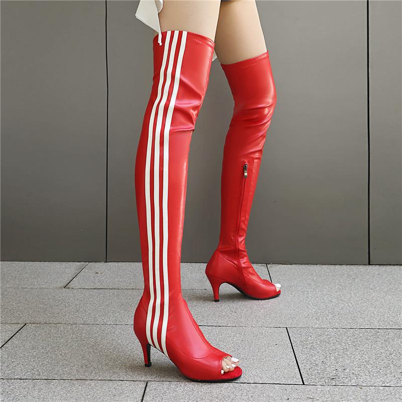 Damen-Stiefel mit hohen Absätzen, sexy europäischer und amerikanischer Stil, hochhackige Überknie-Stiefel mit offenen Zehen in großen Größen.