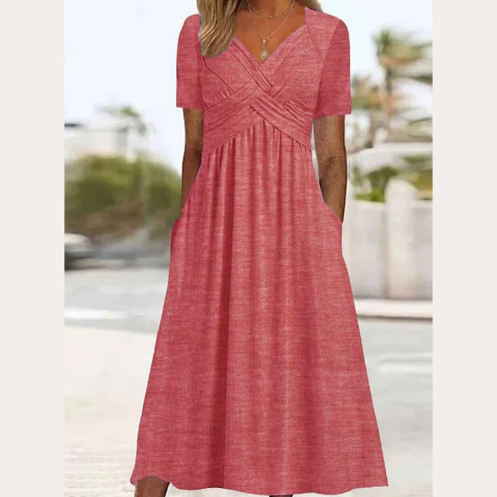 Spring and Autumn Women's Fashion Solid Color V-neck Short-sleeved Pocket Dress Women's Clothing