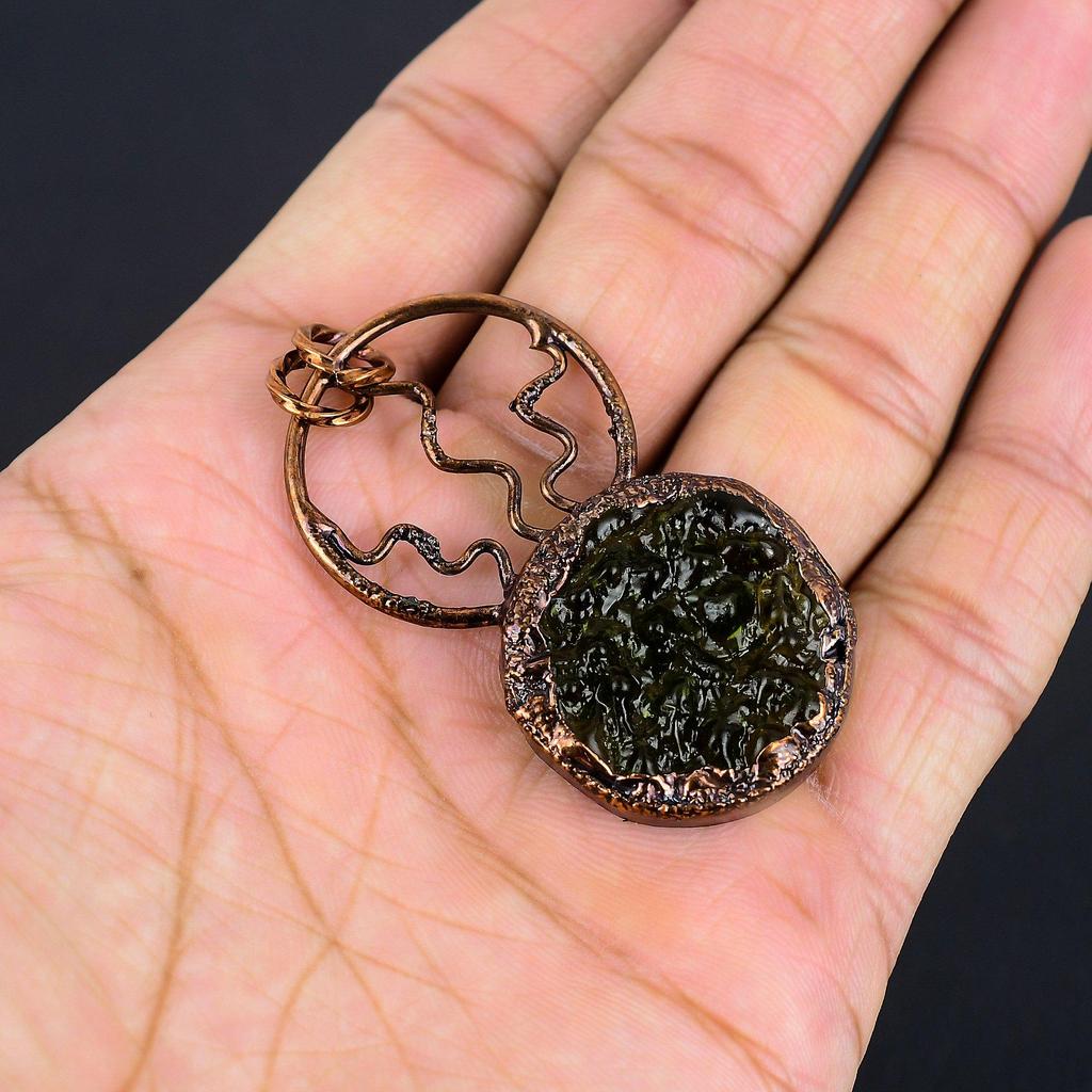 Moldavite Pendant, Copper Electroformed Jewelry, Gemstone Pendant, Gift For Her Handmade Dainty Jewelry