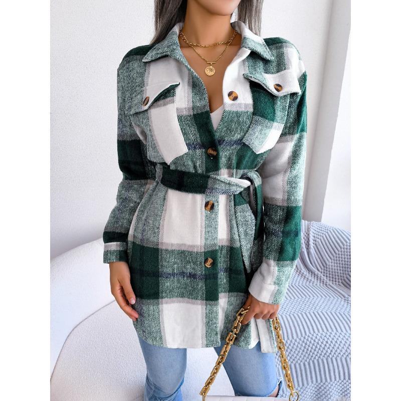 

Женский осенне-зимний повседневный клетчатый пиджак с длинными рукавами и завязками из утолщенного твида XL зелёный
