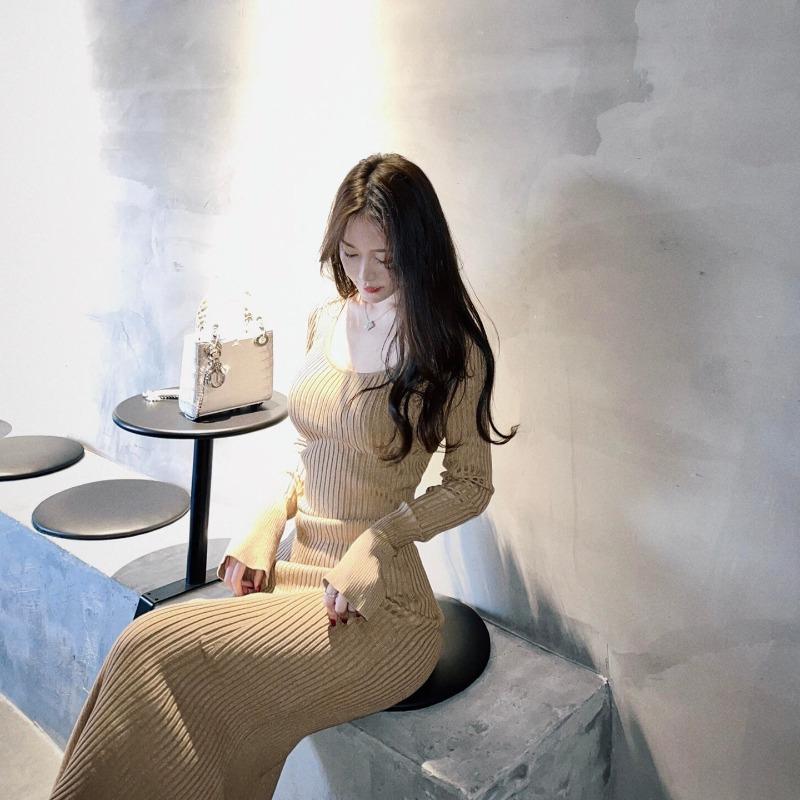 Premium feeling with coat knitted dress women's autumn and winter with long slim and thin sweater backing skirt