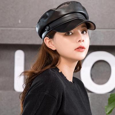 Hat Women'S Sky Pu Leather Navy Hat Flat Top Versatile Japanese Beret Octagonal Hat Trendy Girl