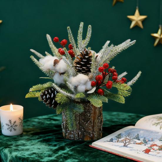 Christmas Artificial Snowy Pine Branches with Vase Faux Pine Cone Berry Arrangement Vintage Faux Cedar Greenery Picks for Home Indoor Fireplace Mantel