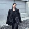 Womens Luxury Black Blazer Spring Autumn High Quality Sequins Embroidery Beaded Design Fashion Casual Formal Work Suit Coat