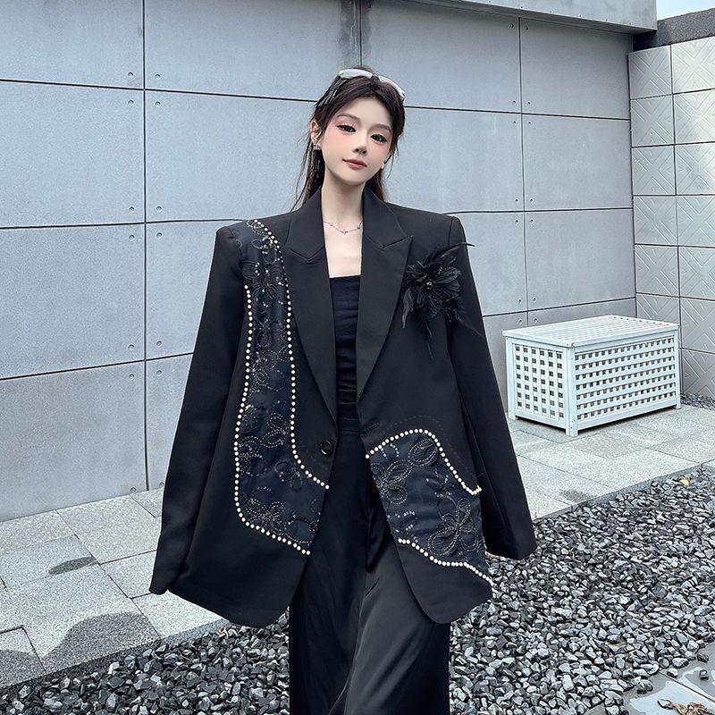 Womens Luxury Black Blazer Spring Autumn High Quality Sequins Embroidery Beaded Design Fashion Casual Formal Work Suit Coat