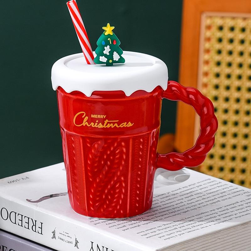 Christmas Cup with Straw Ceramic Cup with Lid with Women's Mug Santa Claus Casual Water Cup High Appearance