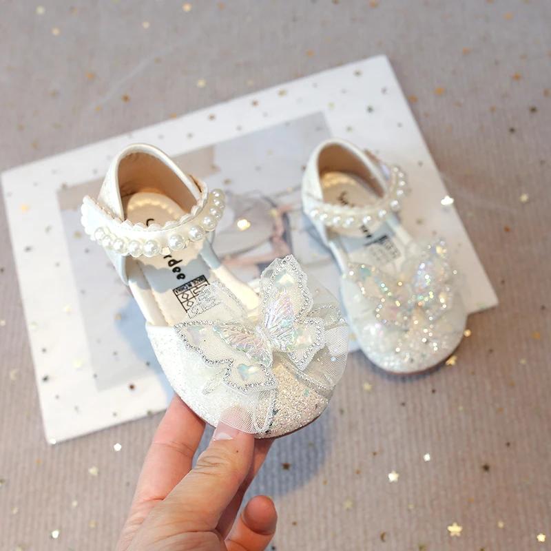 

Chic Girls Dress Shoes for Wedding Party Bling Sequins with Rhinestone Butterfly Sweet Princess Chic Kids Flat Shoes Lace Beaded 21 бежевый