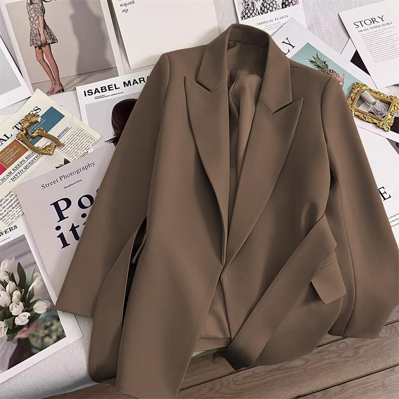 2026 Autumn New Coffee Color Belted Blazer Jacket For Women, Korean Designer Elegant Casual Trendy Suit Coat