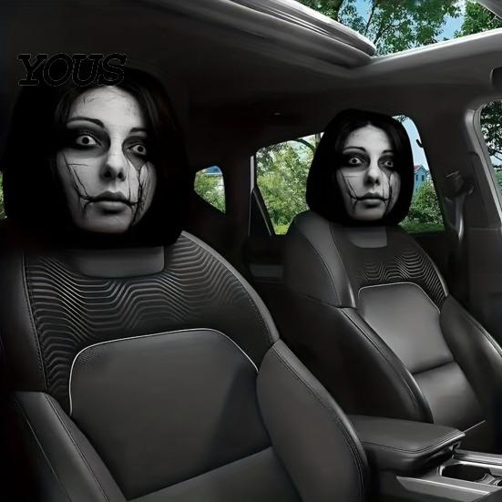 Easy to Install Vehicle Headrest Protectors 2PCS Car Cover with Scary Face Printing, Breathable Stretch Knitted Knit Fabric Dust Cover, Halloween
