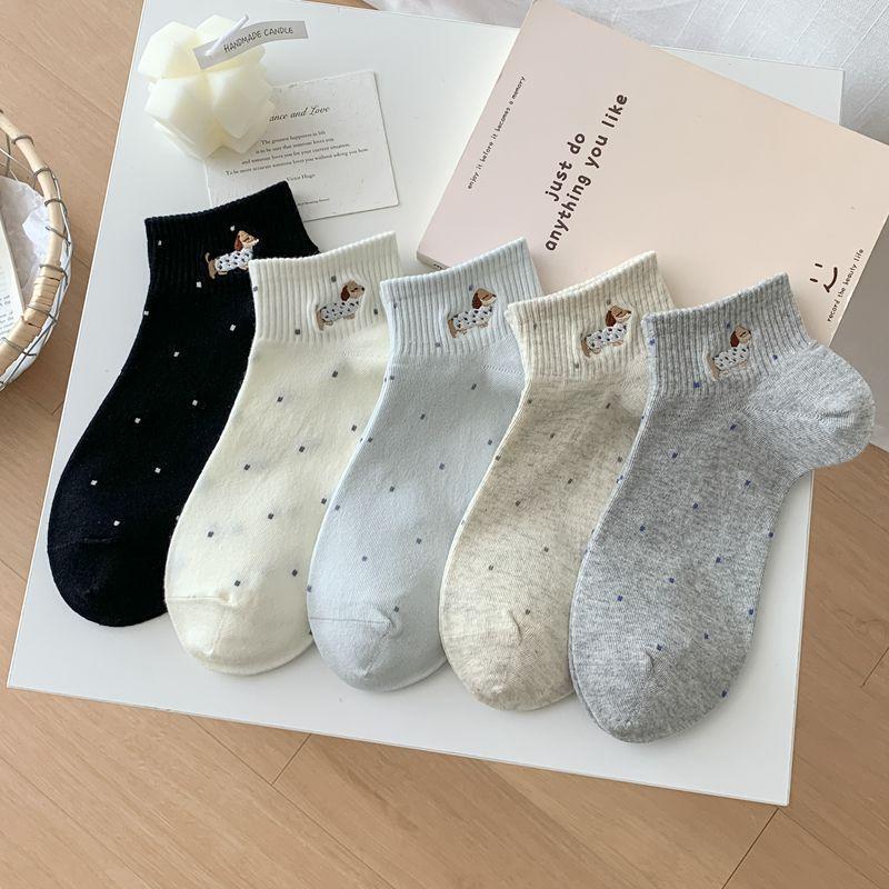 Women's Spring and Summer Thin Versatile Preppy Cute Polka Dot Embroidered Cotton Breathable Short Tube Socks