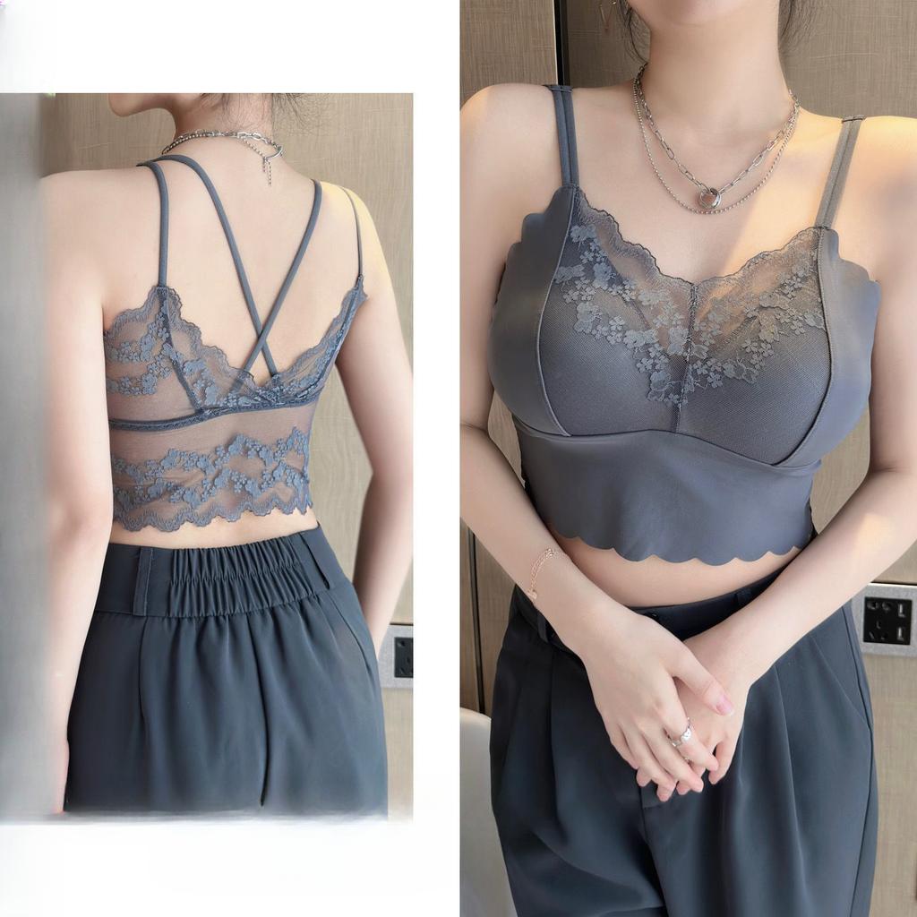 Plus-size Sexy V-neck Lace Trim Bustier Sling Bra-free Backless Underwear Versatile Anti-slip