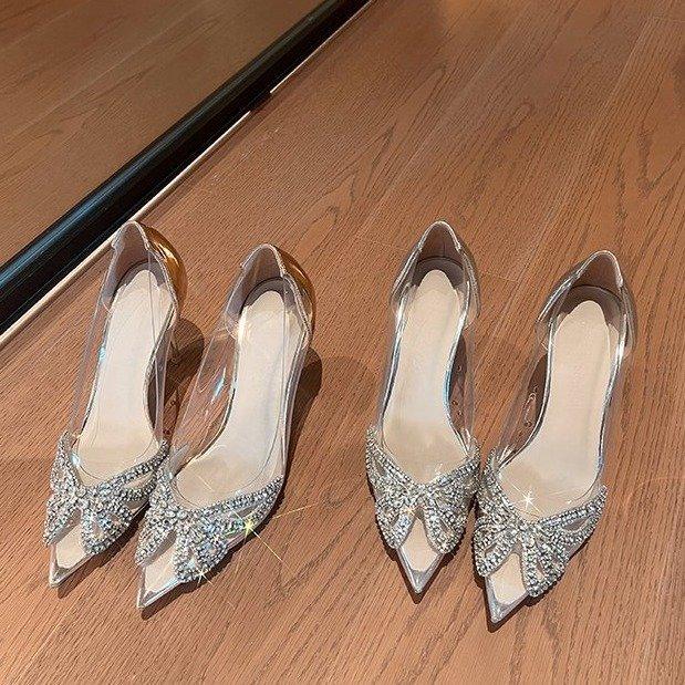 High heels spring new rhinestone butterfly pointed tip thin heel transparent crystal shoes French celebrity single shoes silver wedding shoes