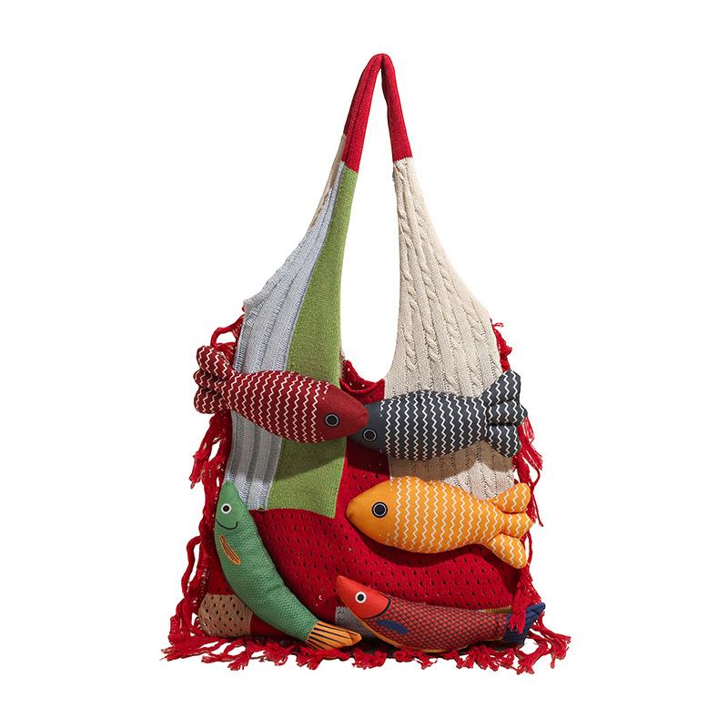 

Creative Tassel Knitted Splicing Shoulder Bag Cute Little Fish Tote Bag Versatile Casual Commuter Handbag For Girls Gift