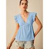 Camisa de Mujer Verano Calada Vacaciones Cuello en V Fruncida Manga Corta Encaje Blanca Blusa Moda Mujer Elegantes Tops Ajuste Ceñido Casual Suelta Camisas Femeninas