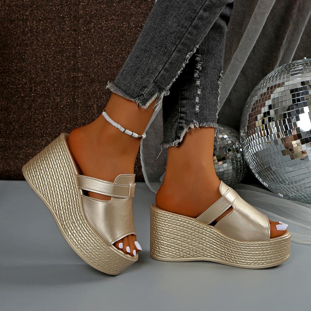 Shoes Woman 2025 Slippers for Swimming Pool Golden Wedge Peep Toe Round Headed Design Comfortable Beach Shoes Size 35-43