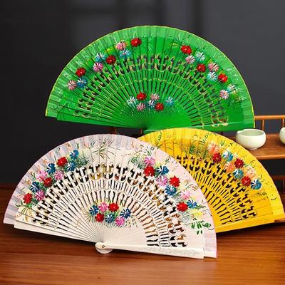 Traditional Folding Fan Artistic Hand Paint Design Natural Wood Fan Cultural Home Display Ornament