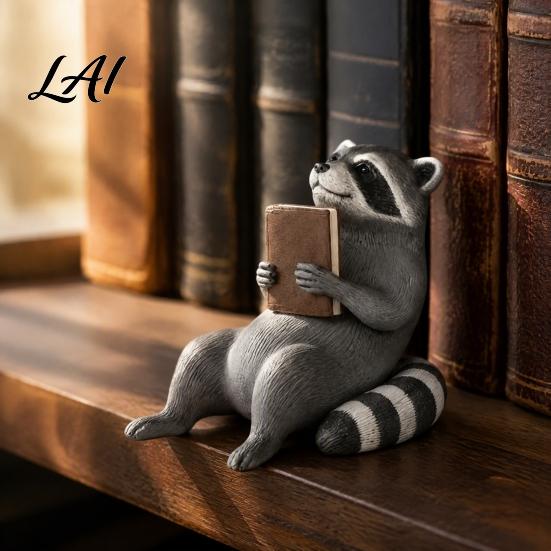 Cute Animal Collectibles Reading Raccoon Shelf Sitter 3D Printed Bookworm Figurine with Vintage Vibe Retro Style Room Decor Desk Bookshelf