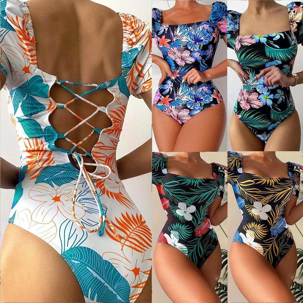 Swimsuit Women's Split One Piece Set High Waist Short Sleeve Ins Overshirt Drawstring Printed Bikini Suits