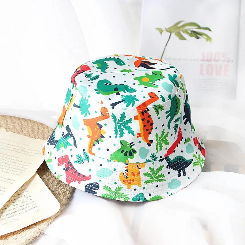 New Spring Summer Children's Cartoon Dinosaur Fisherman Cap Girls Cotton Uv Protection Panama Printing Hats Boys Sun Beach Hat